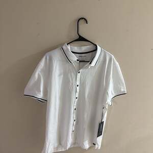 Kenneth Cole Men's White Button-Up Polo Shirt with Black Trim, Large